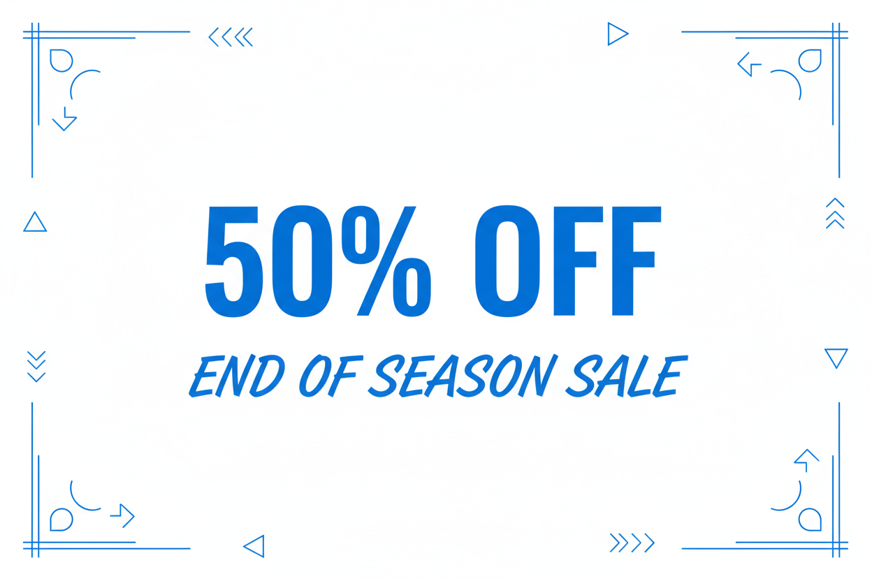 make me an image for ecommerce brand using white background and blue color with 50% off sale and end of season sale 